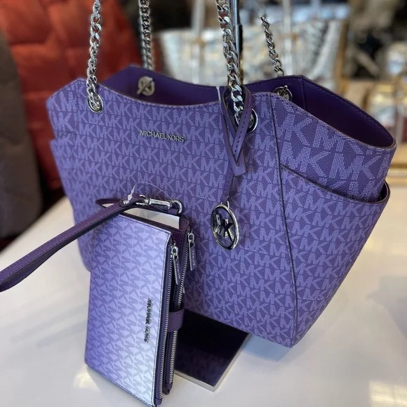 MICHAEL KORS JST Lg Chain Shoulder Tote & Double Zip Wristlet Wallet 
Dk Purple - Picture 9 of 16